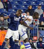 Luis Caicedo (27, Michael Azira (32) during New England Revolution and Montreal Impact MLS match at Gillette Stadium in Foxboro, MA on Wednesday, April 24, 2019. Montreal beat Revs 3-0. CREDIT/ CHRIS ADUAMA
