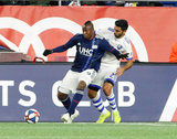 Juan Fernando Caicedo (9), Victor Cabrera (2) during New England Revolution and Montreal Impact MLS match at Gillette Stadium in Foxboro, MA on Wednesday, April 24, 2019. Montreal beat Revs 3-0. CREDIT/ CHRIS ADUAMA