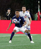 Juan Agudelo (17), Daniel Lovitz (3) during New England Revolution and Montreal Impact MLS match at Gillette Stadium in Foxboro, MA on Wednesday, April 24, 2019. Montreal beat Revs 3-0. CREDIT/ CHRIS ADUAMA