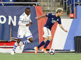 Zachary Brault-Guillard (15),Diego Fagundez (14) during New England Revolution and Montreal Impact MLS match at Gillette Stadium in Foxboro, MA on Wednesday, April 24, 2019. Montreal beat Revs 3-0. CREDIT/ CHRIS ADUAMA