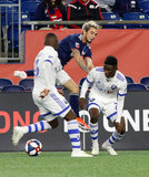 Zachary Brault-Guillard (15), Diego Fagundez (14), Clement Bayiha (27) during New England Revolution and Montreal Impact MLS match at Gillette Stadium in Foxboro, MA on Wednesday, April 24, 2019. Montreal beat Revs 3-0. CREDIT/ CHRIS ADUAMA