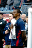 Patriots WR Malcolm Mitchell with Super Bowl LI Trophy before New England Revolution and Minnesota FC MLS match at Gillette Stadium in Foxboro, MA on Saturday, March 25, 2017. Revs won 5-2. CREDIT/ CHRIS ADUAMA