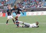Juan Agudelo (17) and Mohammed Saeid (8) during New England Revolution and Minnesota United FC MLS match at Gillette Stadium in Foxboro, MA on Saturday, March 25, 2017. Revs won 5-2. CREDIT/ CHRIS ADUAMA