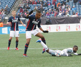 Juan Agudelo (17) and Mohammed Saeid (8) during New England Revolution and Minnesota United FC MLS match at Gillette Stadium in Foxboro, MA on Saturday, March 25, 2017. Revs won 5-2. CREDIT/ CHRIS ADUAMA
