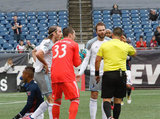 Bobby Shuttleworth (33) complains to Referee Ricardo Salazar during New England Revolution and Minnesota United FC MLS match at Gillette Stadium in Foxboro, MA on Saturday, March 25, 2017. Revs won 5-2. CREDIT/ CHRIS ADUAMA