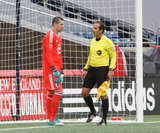 Bobby Shuttleworth (33) complains to Referee Ricardo Salazar during New England Revolution and Minnesota United FC MLS match at Gillette Stadium in Foxboro, MA on Saturday, March 25, 2017. Revs won 5-2. CREDIT/ CHRIS ADUAMA