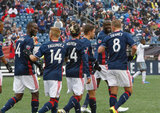 Revs celebrate goal during New England Revolution and Minnesota United FC MLS match at Gillette Stadium in Foxboro, MA on Saturday, March 25, 2017. Revs won 5-2. CREDIT/ CHRIS ADUAMA