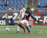Juan Agudelo (17) and Brent Kallman (14) during New England Revolution and Minnesota United FC MLS match at Gillette Stadium in Foxboro, MA on Saturday, March 25, 2017. Revs won 5-2. CREDIT/ CHRIS ADUAMA