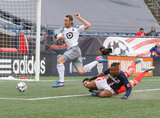 Bobby Shuttleworth (33) tries to save Juan Agudelo's goal during New England Revolution and Minnesota United FC MLS match at Gillette Stadium in Foxboro, MA on Saturday, March 25, 2017. Revs won 5-2. CREDIT/ CHRIS ADUAMA