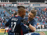 Juan Agudelo (17) celebrates goal during New England Revolution and Minnesota United FC MLS match at Gillette Stadium in Foxboro, MA on Saturday, March 25, 2017. Revs won 5-2. CREDIT/ CHRIS ADUAMA
