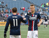 Kelyn Rowe (11) and Antonio Delamea (19) during New England Revolution and Minnesota FC MLS match at Gillette Stadium in Foxboro, MA on Saturday, March 25, 2017. Revs won 5-2. CREDIT/ CHRIS ADUAMA