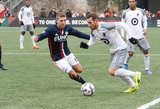 Scott Caldwell (6) and Jerome Thiesson (3) during New England Revolution and Minnesota FC MLS match at Gillette Stadium in Foxboro, MA on Saturday, March 25, 2017. Revs won 5-2. CREDIT/ CHRIS ADUAMA