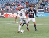 Collen Warner (26) and Kelyn Rowe (11) during New England Revolution and Minnesota FC MLS match at Gillette Stadium in Foxboro, MA on Saturday, March 25, 2017. Revs won 5-2. CREDIT/ CHRIS ADUAMA