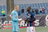 Cody Cropper (1) and Benjamin Angoua (4) during New England Revolution and Minnesota FC MLS match at Gillette Stadium in Foxboro, MA on Saturday, March 25, 2017. Revs won 5-2. CREDIT/ CHRIS ADUAMA