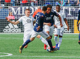 Jan Gregus (8), Juan Agudelo (17) during New England Revolution and Minnesota United FC MLS match at Gillette Stadium in Foxboro, MA on Saturday, March 30, 2019. Revs won 2-1. CREDIT/ CHRIS ADUAMA