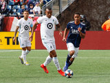 Angelo Rodriguez (9), Brandon Bye (15) during New England Revolution and Minnesota United FC MLS match at Gillette Stadium in Foxboro, MA on Saturday, March 30, 2019. Revs won 2-1. CREDIT/ CHRIS ADUAMA