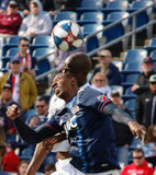 Juan Fernando Caicedo (9), Ike Opara (3) during New England Revolution and Minnesota United FC MLS match at Gillette Stadium in Foxboro, MA on Saturday, March 30, 2019. Revs won 2-1. CREDIT/ CHRIS ADUAMA