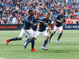 Jalil Anibaba (3) celebrates goal with team mates during New England Revolution and Minnesota United FC MLS match at Gillette Stadium in Foxboro, MA on Saturday, March 30, 2019. Revs won 2-1. CREDIT/ CHRIS ADUAMA