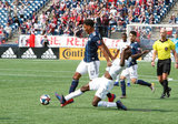 Juan Agudelo (17), Ike Opara (3) during New England Revolution and Minnesota United FC MLS match at Gillette Stadium in Foxboro, MA on Saturday, March 30, 2019. Revs won 2-1. CREDIT/ CHRIS ADUAMA