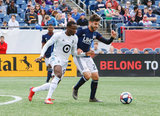 Abu Danladi (99), Carles Gil (22) during New England Revolution and Minnesota United FC MLS match at Gillette Stadium in Foxboro, MA on Saturday, March 30, 2019. Revs won 2-1. CREDIT/ CHRIS ADUAMA