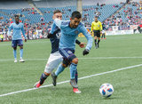 Maximiliano Moralez (10), Gabriel Somi (91) during Revolution and NYCFC MLS match at Gillette Stadium in Foxboro, MA on Saturday, March 24, 2018. The match ended 2-2. CREDIT/ CHRIS ADUAMA