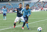 Maximiliano Moralez (10), Gabriel Somi (91) during Revolution and NYCFC MLS match at Gillette Stadium in Foxboro, MA on Saturday, March 24, 2018. The match ended 2-2. CREDIT/ CHRIS ADUAMA