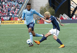 Saad Abdul-Salaam (13) and Diego Fagundez (14) during Revolution and NYCFC MLS match at Gillette Stadium in Foxboro, MA on Saturday, March 24, 2018. The match ended 2-2. CREDIT/ CHRIS ADUAMA