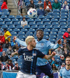 Diego Fagundez (14) and Ebenezer Ofori (12) during Revolution and NYCFC MLS match at Gillette Stadium in Foxboro, MA on Saturday, March 24, 2018. The match ended 2-2. CREDIT/ CHRIS ADUAMA