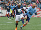 Claude Dielna (4), Jo Inge Berget (9) during Revolution and NYCFC MLS match at Gillette Stadium in Foxboro, MA on Saturday, March 24, 2018. The match ended 2-2. CREDIT/ CHRIS ADUAMA
