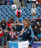 Juan Agudelo (17), Maxime Chanot (4) during Revolution and NYCFC MLS match at Gillette Stadium in Foxboro, MA on Saturday, March 24, 2018. The match ended 2-2. CREDIT/ CHRIS ADUAMA