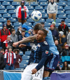 Juan Agudelo (17), Maxime Chanot (4) during Revolution and NYCFC MLS match at Gillette Stadium in Foxboro, MA on Saturday, March 24, 2018. The match ended 2-2. CREDIT/ CHRIS ADUAMA