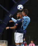 Andrew Farrell (2), Ben Sweat (2) during Revolution and NYCFC MLS match at Gillette Stadium in Foxboro, MA on Saturday, March 24, 2018. The match ended 2-2. CREDIT/ CHRIS ADUAMA
