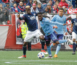Wilfried Zahibo (23), Ebenezer Ofori (12) during Revolution and NYCFC MLS match at Gillette Stadium in Foxboro, MA on Saturday, March 24, 2018. The match ended 2-2. CREDIT/ CHRIS ADUAMA