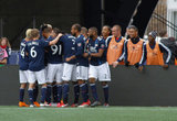 Revs Celebrate Juan Agudelo goal during Revolution and NYCFC MLS match at Gillette Stadium in Foxboro, MA on Saturday, March 24, 2018. The match ended 2-2. CREDIT/ CHRIS ADUAMA