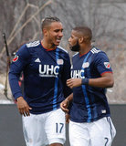 Revs Celebrate Juan Agudelo goal during Revolution and NYCFC MLS match at Gillette Stadium in Foxboro, MA on Saturday, March 24, 2018. The match ended 2-2. CREDIT/ CHRIS ADUAMA