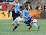Scott Caldwell (6), Yangel Herrera (30) during Revolution and NYCFC MLS match at Gillette Stadium in Foxboro, MA on Saturday, March 24, 2018. The match ended 2-2. CREDIT/ CHRIS ADUAMA