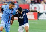 Gustavo Bou (7), Alexander Callens (6) during New England Revolution and New York City Football Club MLS match at Gillette Stadium in Foxboro, MA on Sunday, September 29, 2019. Revs won 2-0. CREDIT/CHRIS ADUAMA.