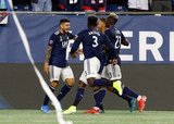 Gustavo Bou (7) celebrates goal with team mates during New England Revolution and New York City Football Club MLS match at Gillette Stadium in Foxboro, MA on Sunday, September 29, 2019. Revs won 2-0. CREDIT/CHRIS ADUAMA.