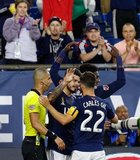 Gustavo Bou (7) celebrates goal with team mates during New England Revolution and New York City Football Club MLS match at Gillette Stadium in Foxboro, MA on Sunday, September 29, 2019. Revs won 2-0. CREDIT/CHRIS ADUAMA.