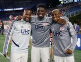 Cristian Penilla (70), Jalil Anibaba (3), Luis Caicedo (27) during New England Revolution and New York City Football Club MLS match at Gillette Stadium in Foxboro, MA on Sunday, September 29, 2019. Revs won 2-0. CREDIT/CHRIS ADUAMA.