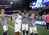 Cristian Penilla (70), Jalil Anibaba (3), Luis Caicedo (27) during New England Revolution and New York City Football Club MLS match at Gillette Stadium in Foxboro, MA on Sunday, September 29, 2019. Revs won 2-0. CREDIT/CHRIS ADUAMA.