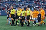 Game Officials and Players onto the pitch before New England Revolution and New York City Football Club MLS match at Gillette Stadium in Foxboro, MA on Sunday, September 29, 2019. Revs won 2-0. CREDIT/CHRIS ADUAMA.