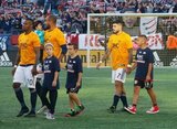 Players onto the pitch before New England Revolution and New York City Football Club MLS match at Gillette Stadium in Foxboro, MA on Sunday, September 29, 2019. Revs won 2-0. CREDIT/CHRIS ADUAMA.