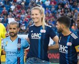 Maximiliano Moralez (10), Samantha Mewis - USWNT, Carles Gil (22) during New England Revolution and New York City Football Club MLS match at Gillette Stadium in Foxboro, MA on Sunday, September 29, 2019. Revs won 2-0. CREDIT/CHRIS ADUAMA.