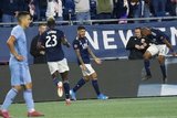 Gustavo Bou (7) Andrew Farrell (2) during New England Revolution and New York City Football Club MLS match at Gillette Stadium in Foxboro, MA on Sunday, September 29, 2019. Revs won 2-0. CREDIT/CHRIS ADUAMA.