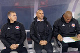 Head Coach Chris Armas -middle, Bradley Carnell, C.J. Brown during N.E. Revolution and New York Red Bulls MLS match at Gillette Stadium in Foxboro, MA on Saturday, April 20, 2019. Revs won 1-0. CREDIT/ CHRIS ADUAMA