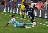 Juan Agudelo (17), Connor Lade (5) during N.E. Revolution and New York Red Bulls MLS match at Gillette Stadium in Foxboro, MA on Saturday, April 20, 2019. Revs won 1-0. CREDIT/ CHRIS ADUAMA