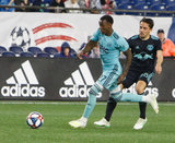 Luis Caicedo (27), Vincent Bezecourt (88) during N.E. Revolution and New York Red Bulls MLS match at Gillette Stadium in Foxboro, MA on Saturday, April 20, 2019. Revs won 1-0. CREDIT/ CHRIS ADUAMA