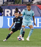 Juan Agudelo (17), Connor Lade (5) during N.E. Revolution and New York Red Bulls MLS match at Gillette Stadium in Foxboro, MA on Saturday, April 20, 2019. Revs won 1-0. CREDIT/ CHRIS ADUAMA
