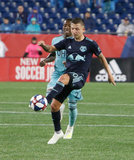 Marc Rzatkowski (90), Luis Caicedo (27) during N.E. Revolution and New York Red Bulls MLS match at Gillette Stadium in Foxboro, MA on Saturday, April 20, 2019. Revs won 1-0. CREDIT/ CHRIS ADUAMA